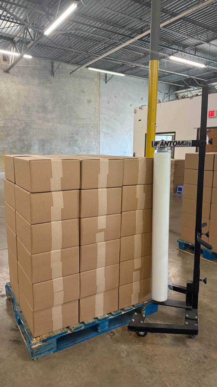Boxes shrink-wrapped and palletized for an Amazon FBA shipment